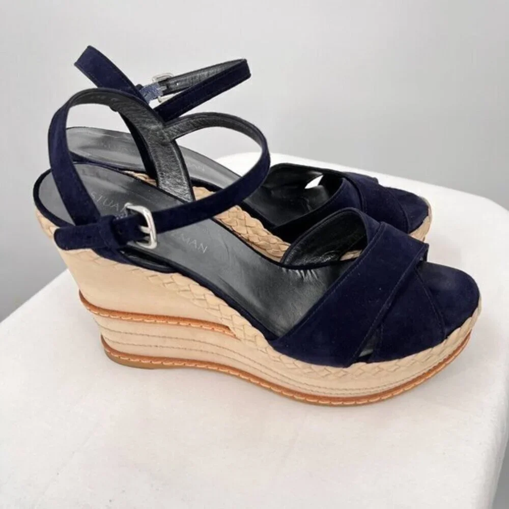 Stuart Weitzman Wedge Heeled Sandals Suede Navy Blue/Ivory 11.5 Ankle Strap Open